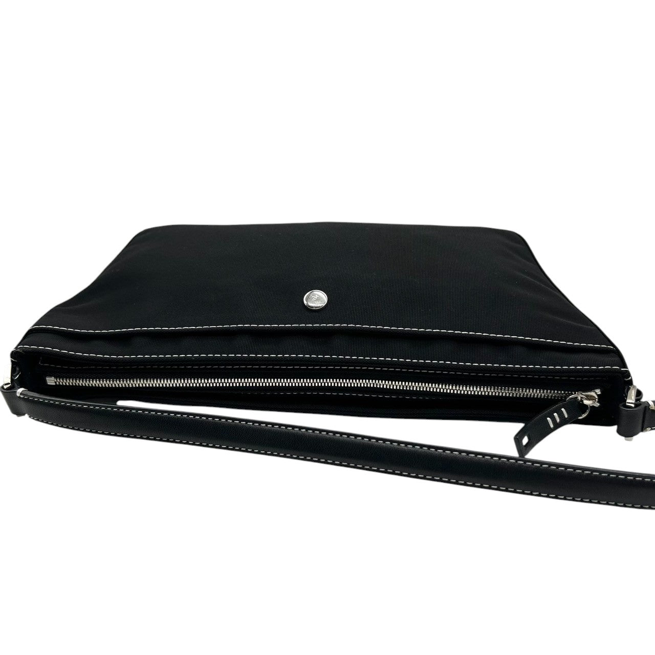 【美品】アニエスベー agnes b. ハンドバッグ アクセサリーポーチ ミニバッグ ナイロン レザー ブラック 黒 ホワイトステッチ b.ロゴ レディース シンプル カジュアル エレガント デザイン 自立可 クリーニング済み s90