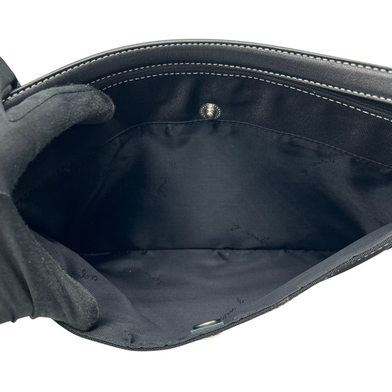 【美品】アニエスベー agnes b. ハンドバッグ アクセサリーポーチ ミニバッグ ナイロン レザー ブラック 黒 ホワイトステッチ b.ロゴ レディース シンプル カジュアル エレガント デザイン 自立可 クリーニング済み s90