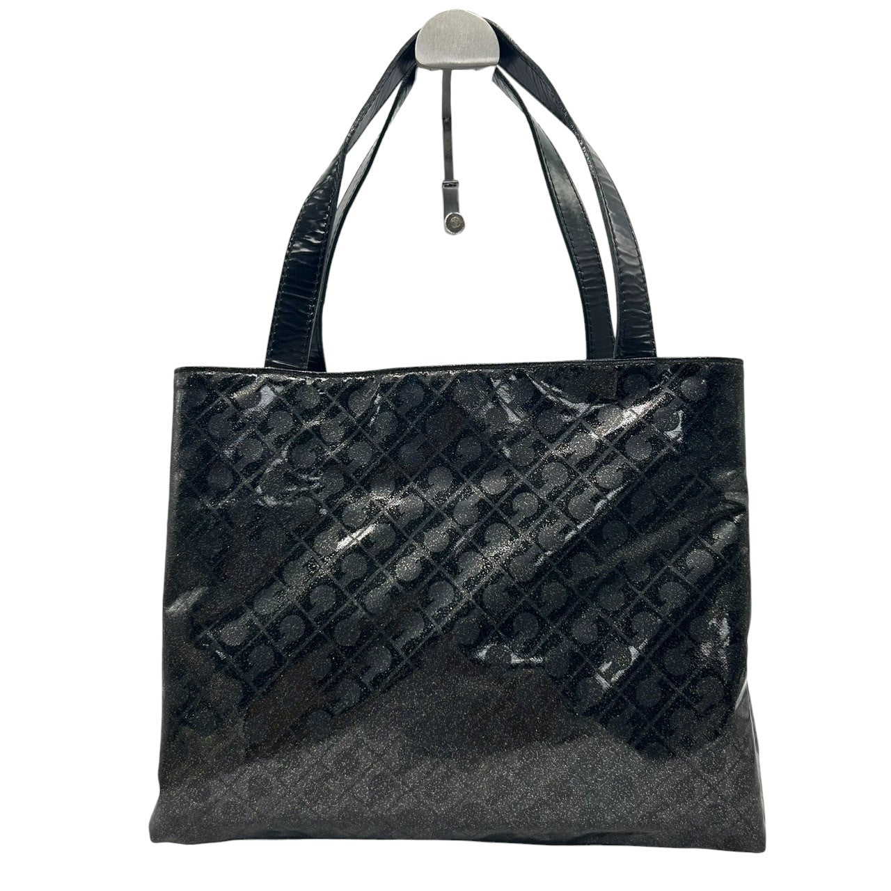 【未使用に近い】 ゲラルディーニ GHERARDINI トートバッグ ハンドバッグ ソフティ モノグラム エナメル パテント PVC ブラック ラメ Gロゴチャーム レディース ワンショルダー A4収納可 軽量 自立可 保存袋付き E5