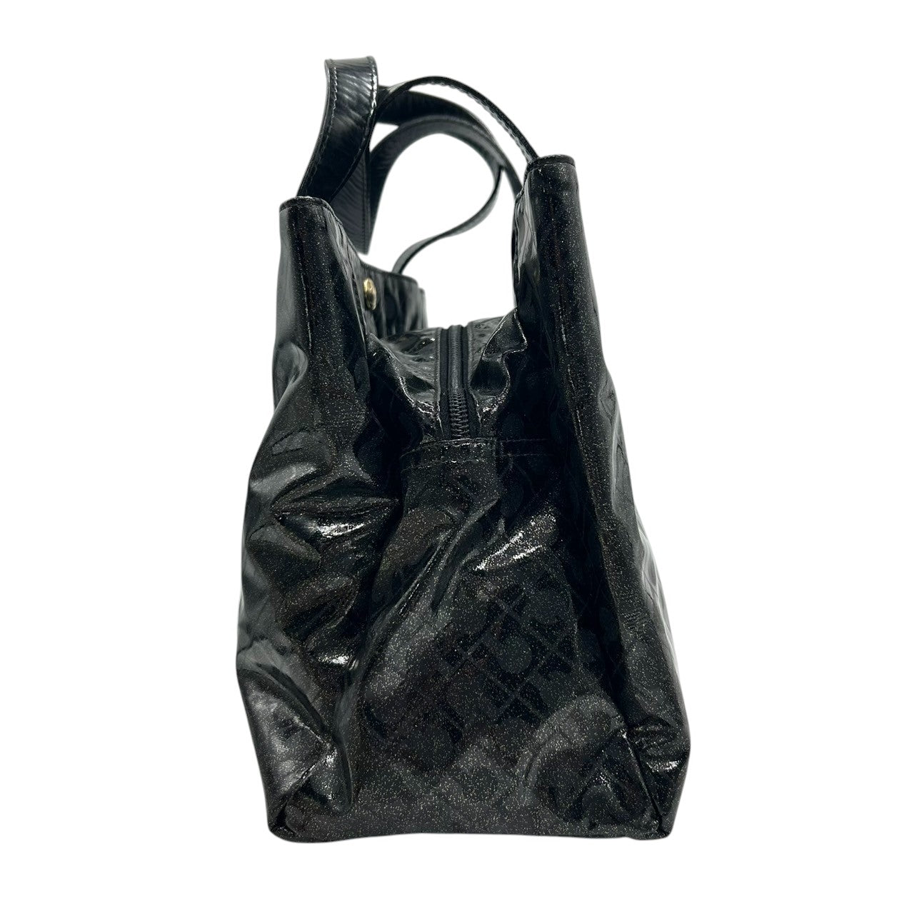 【未使用に近い】 ゲラルディーニ GHERARDINI トートバッグ ハンドバッグ ソフティ モノグラム エナメル パテント PVC ブラック ラメ Gロゴチャーム レディース ワンショルダー A4収納可 軽量 自立可 保存袋付き E5