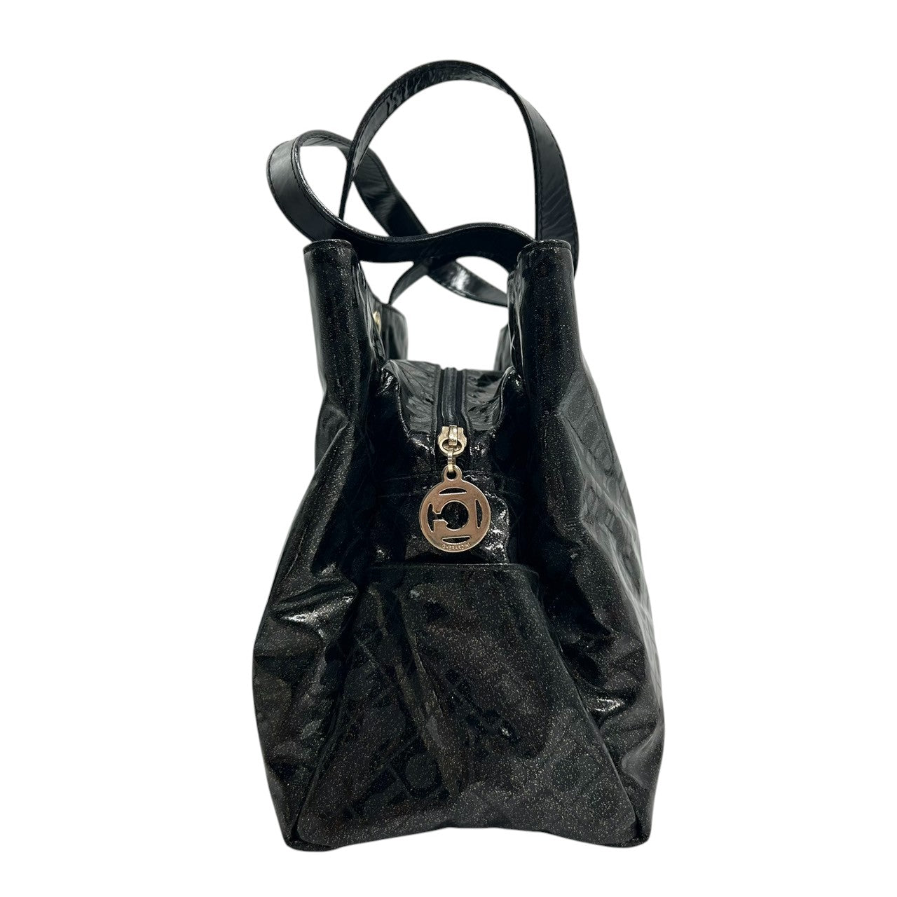 【未使用に近い】 ゲラルディーニ GHERARDINI トートバッグ ハンドバッグ ソフティ モノグラム エナメル パテント PVC ブラック ラメ Gロゴチャーム レディース ワンショルダー A4収納可 軽量 自立可 保存袋付き E5