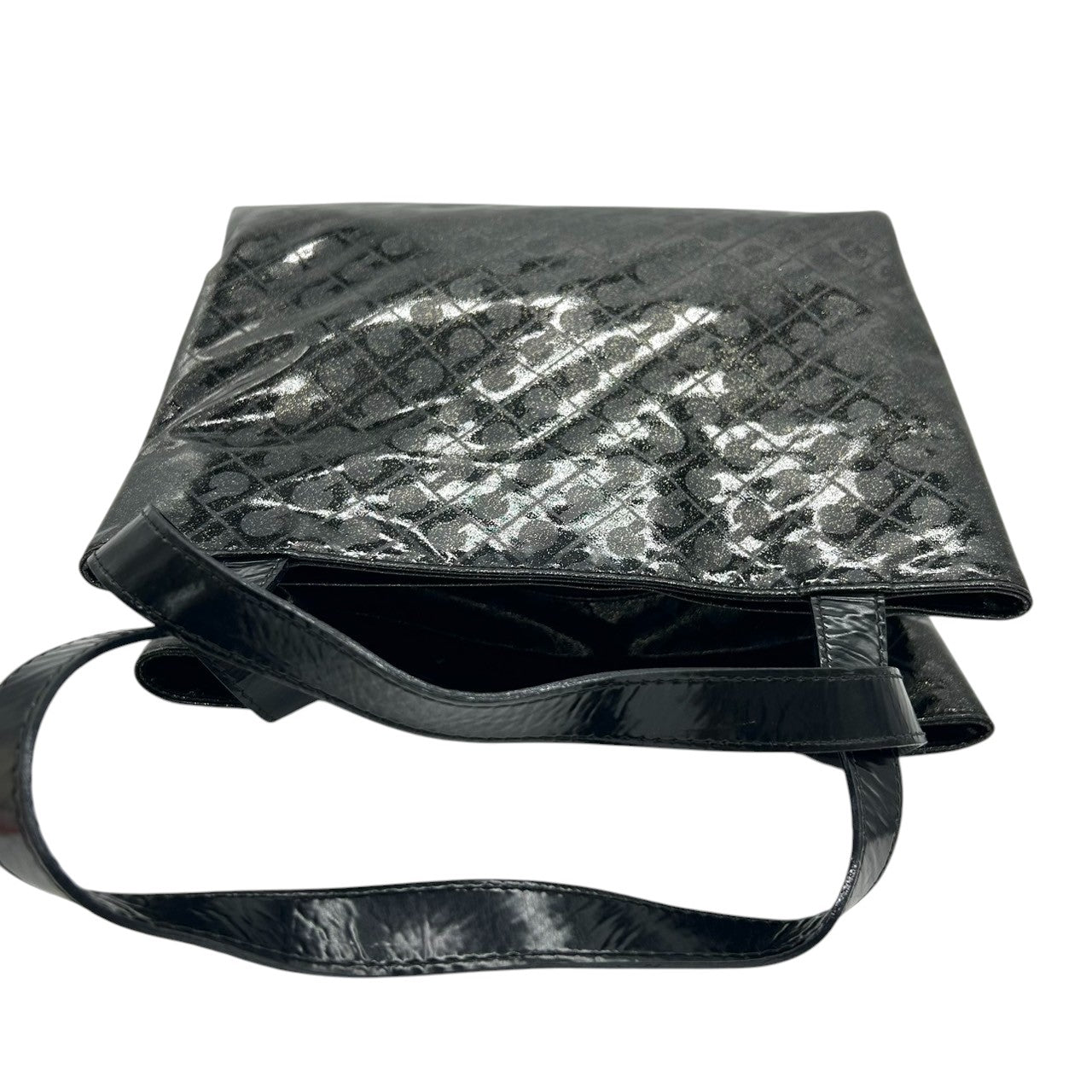 【未使用に近い】 ゲラルディーニ GHERARDINI トートバッグ ハンドバッグ ソフティ モノグラム エナメル パテント PVC ブラック ラメ Gロゴチャーム レディース ワンショルダー A4収納可 軽量 自立可 保存袋付き E5
