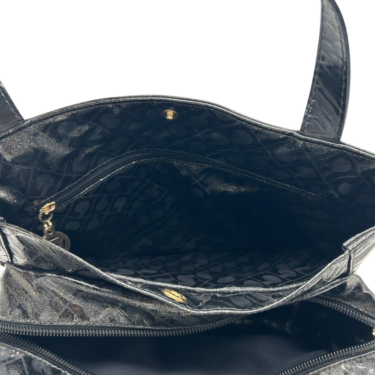 【未使用に近い】 ゲラルディーニ GHERARDINI トートバッグ ハンドバッグ ソフティ モノグラム エナメル パテント PVC ブラック ラメ Gロゴチャーム レディース ワンショルダー A4収納可 軽量 自立可 保存袋付き E5