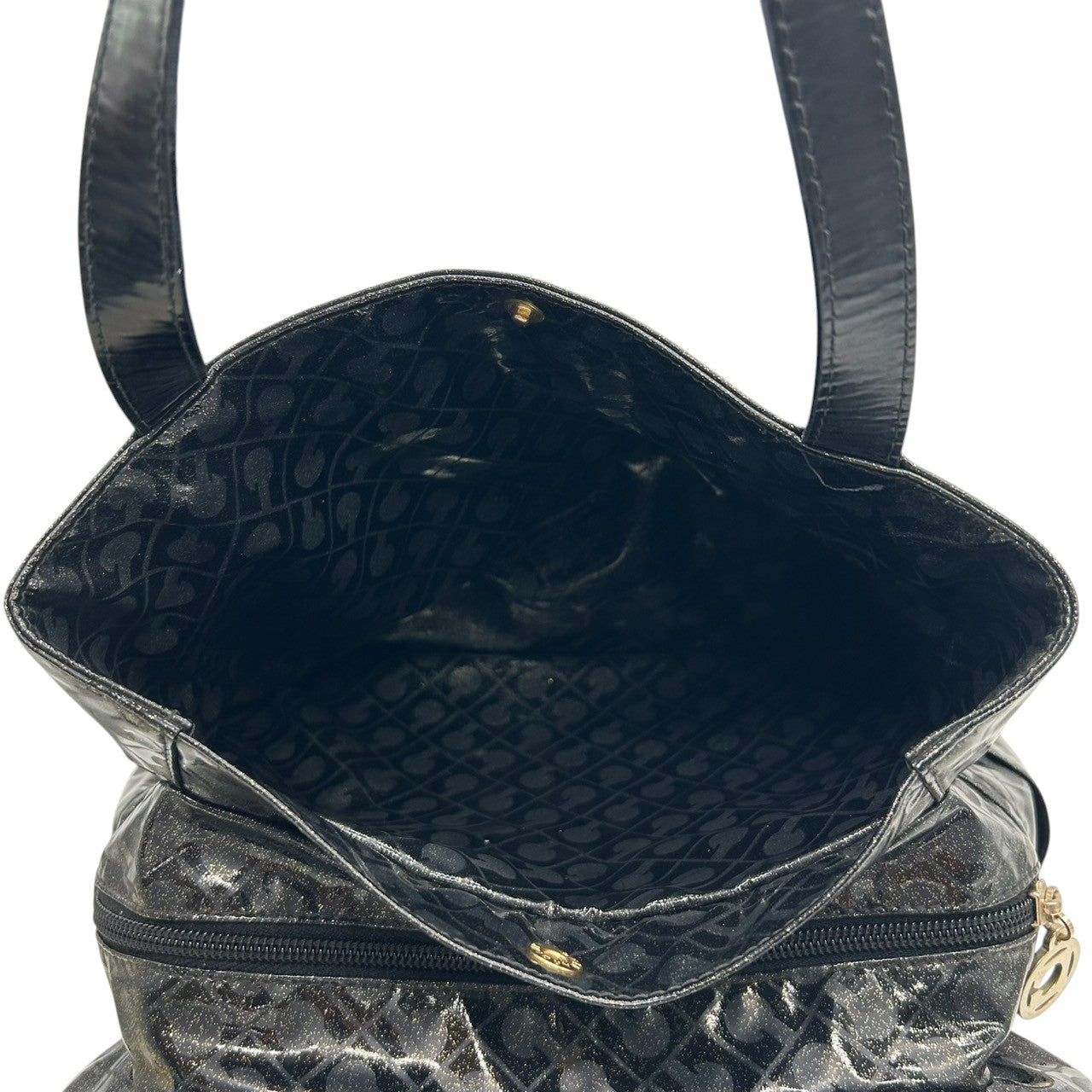 【未使用に近い】 ゲラルディーニ GHERARDINI トートバッグ ハンドバッグ ソフティ モノグラム エナメル パテント PVC ブラック ラメ Gロゴチャーム レディース ワンショルダー A4収納可 軽量 自立可 保存袋付き E5