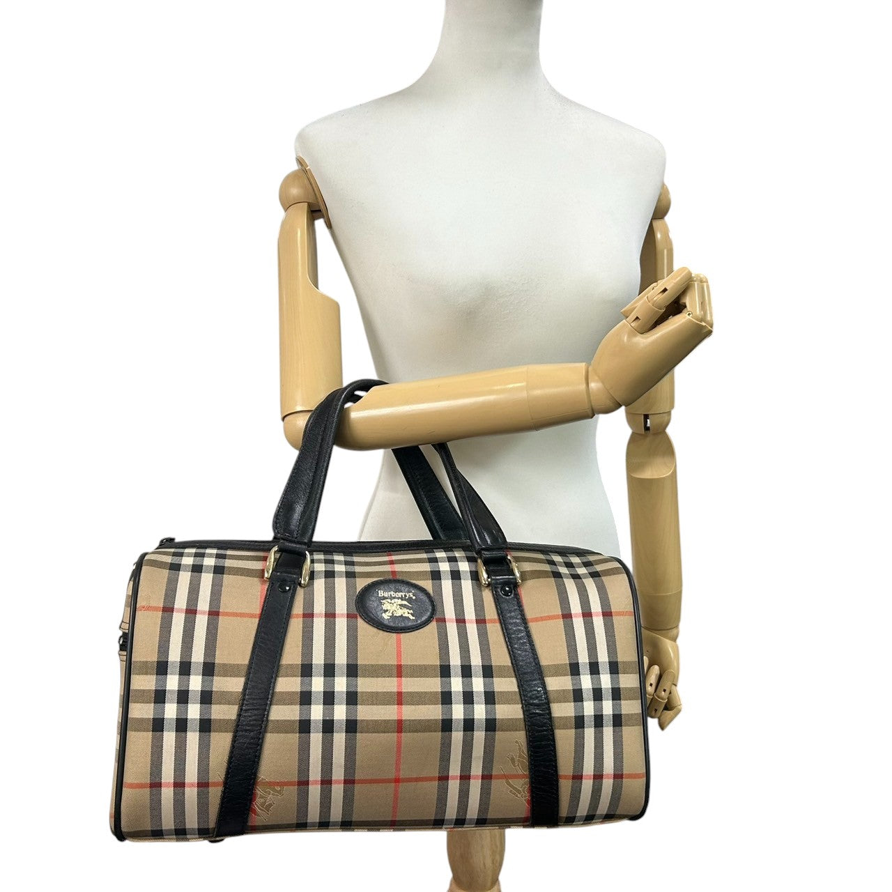 【美品】バーバリー Burberrys ヴィンテージ ミニボストンバッグ ハンドバッグ ノバチェック シャドーホース ホースロゴ キャンバス レザー ベージュ ブラック 筒形 ドラムバッグ 大容量 クラシック レディース 自立可 クリーニング済み H
