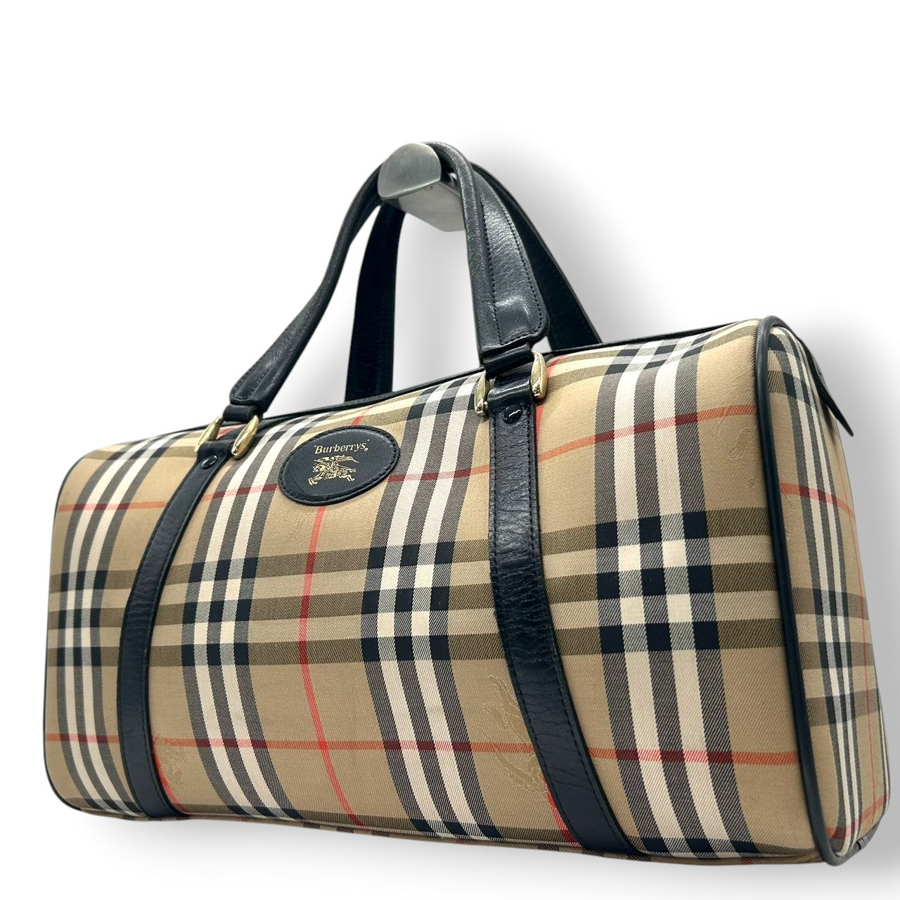 【美品】バーバリー Burberrys ヴィンテージ ミニボストンバッグ ハンドバッグ ノバチェック シャドーホース ホースロゴ キャンバス レザー ベージュ ブラック 筒形 ドラムバッグ 大容量 クラシック レディース 自立可 クリーニング済み H