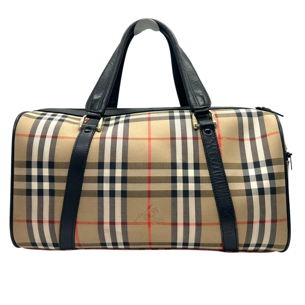 【美品】バーバリー Burberrys ヴィンテージ ミニボストンバッグ ハンドバッグ ノバチェック シャドーホース ホースロゴ キャンバス レザー ベージュ ブラック 筒形 ドラムバッグ 大容量 クラシック レディース 自立可 クリーニング済み H