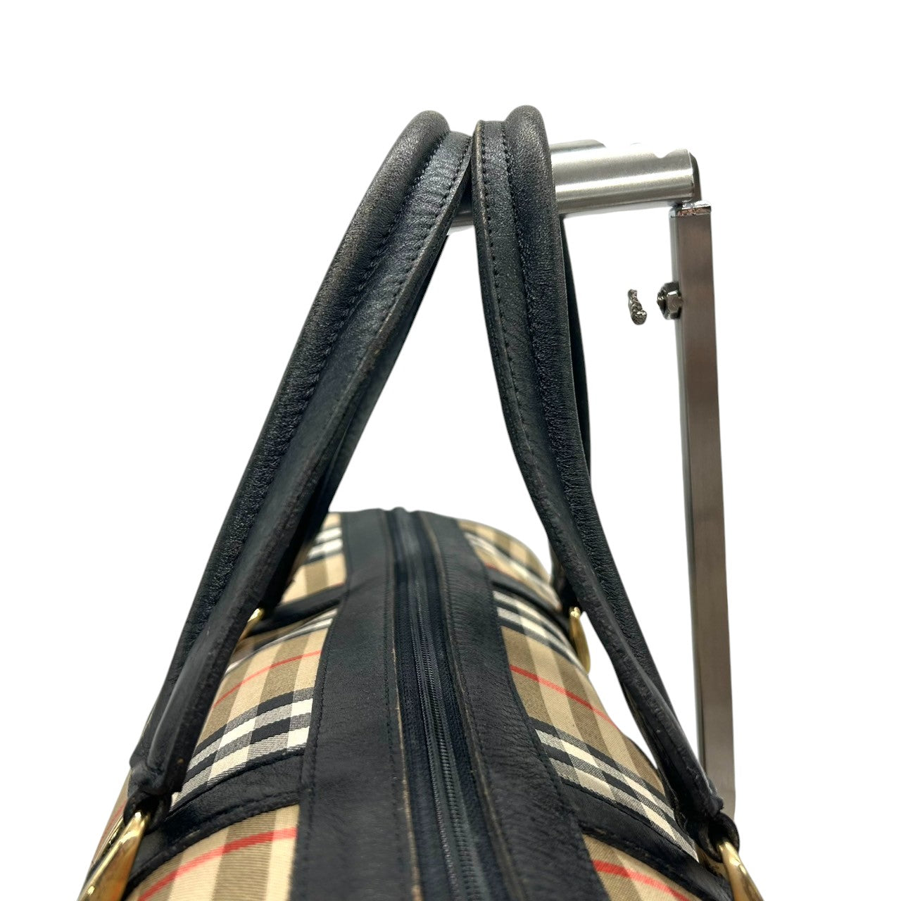 【美品】バーバリー Burberrys ヴィンテージ ミニボストンバッグ ハンドバッグ ノバチェック シャドーホース ホースロゴ キャンバス レザー ベージュ ブラック 筒形 ドラムバッグ 大容量 クラシック レディース 自立可 クリーニング済み H