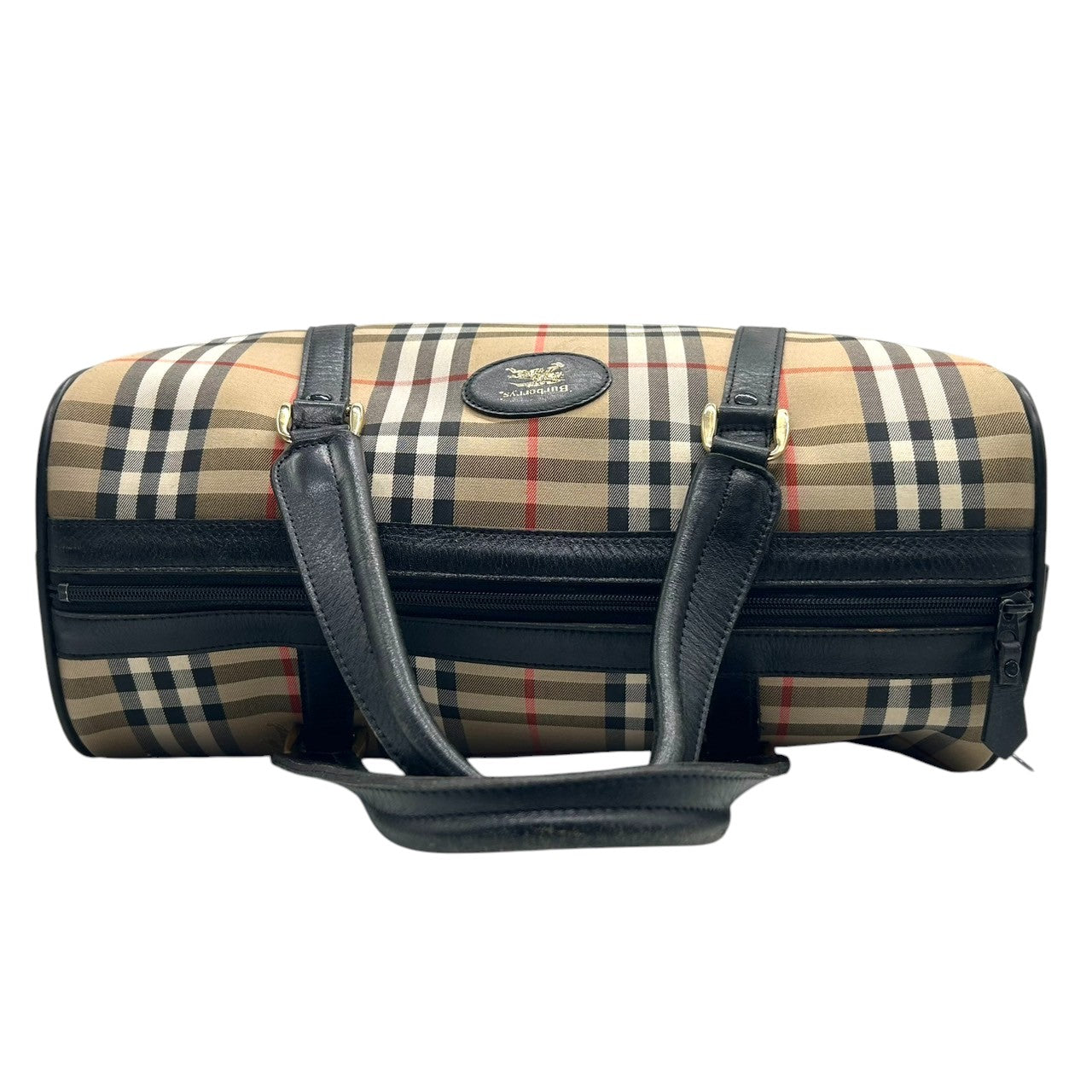 【美品】バーバリー Burberrys ヴィンテージ ミニボストンバッグ ハンドバッグ ノバチェック シャドーホース ホースロゴ キャンバス レザー ベージュ ブラック 筒形 ドラムバッグ 大容量 クラシック レディース 自立可 クリーニング済み H
