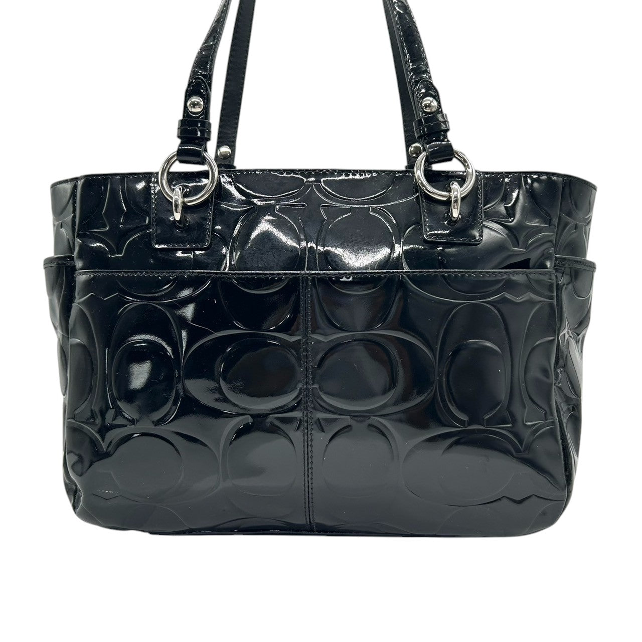 コーチ COACH トートバッグ F17728 ワンショルダー 肩掛け レディース パテントレザー エナメル オプアート シグネチャー エンボス ブラック 黒 A4収納可 大容量 通勤 通学 エレガント 自立可 クリーニング済み s2
