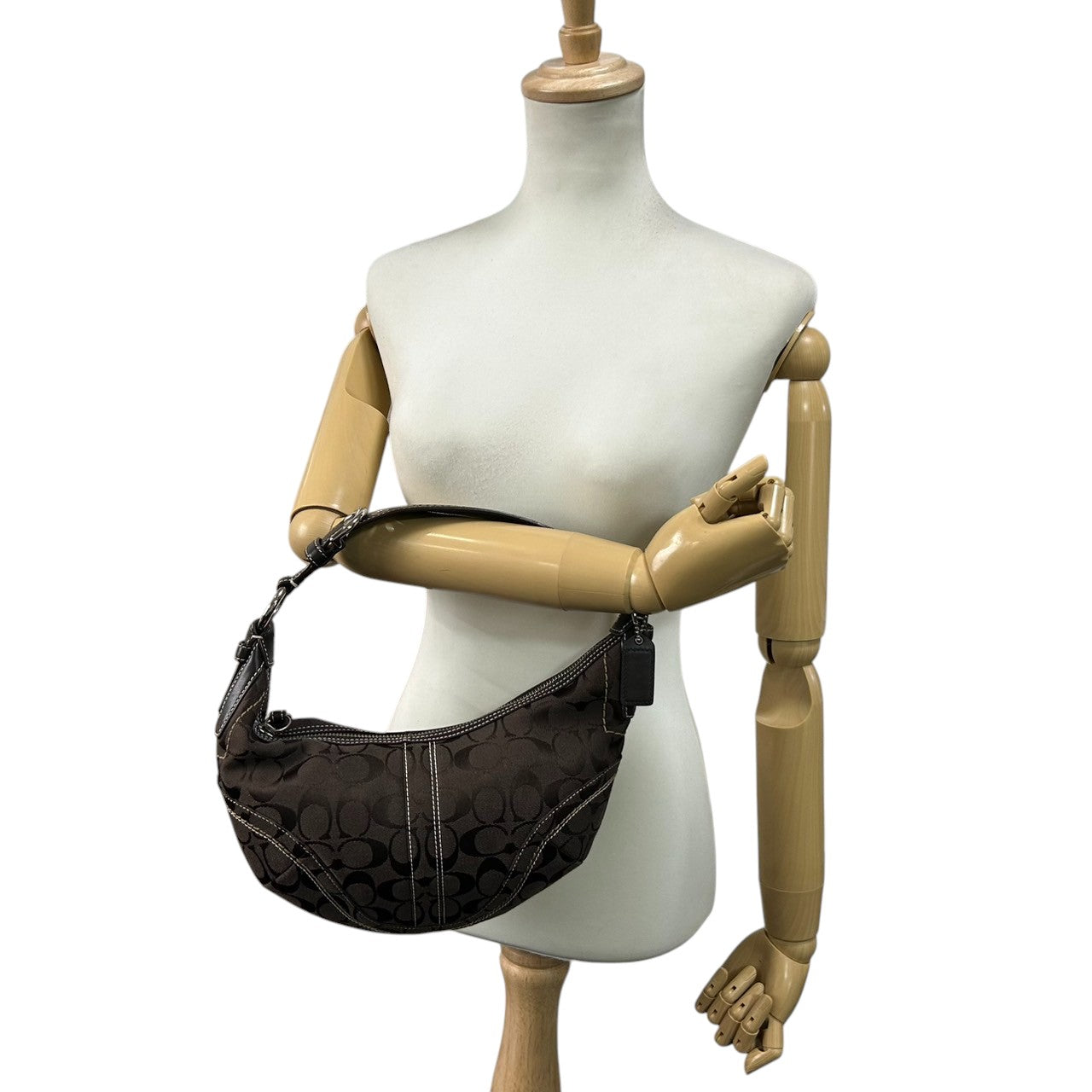 【美品】コーチ COACH ハンドバッグ 10073 シグネチャー ワンショルダーバッグ 肩掛け レディース キャンバス レザー ブラウン ダークブラウン ホワイトステッチ シグネチャー Y2K 00s vintage s2