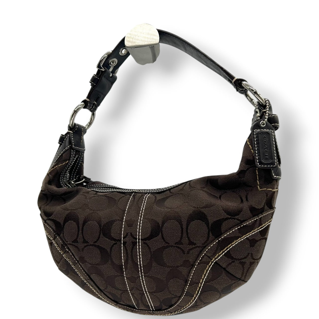 【美品】コーチ COACH ハンドバッグ 10073 シグネチャー ワンショルダーバッグ 肩掛け レディース キャンバス レザー ブラウン ダークブラウン ホワイトステッチ シグネチャー Y2K 00s vintage s2