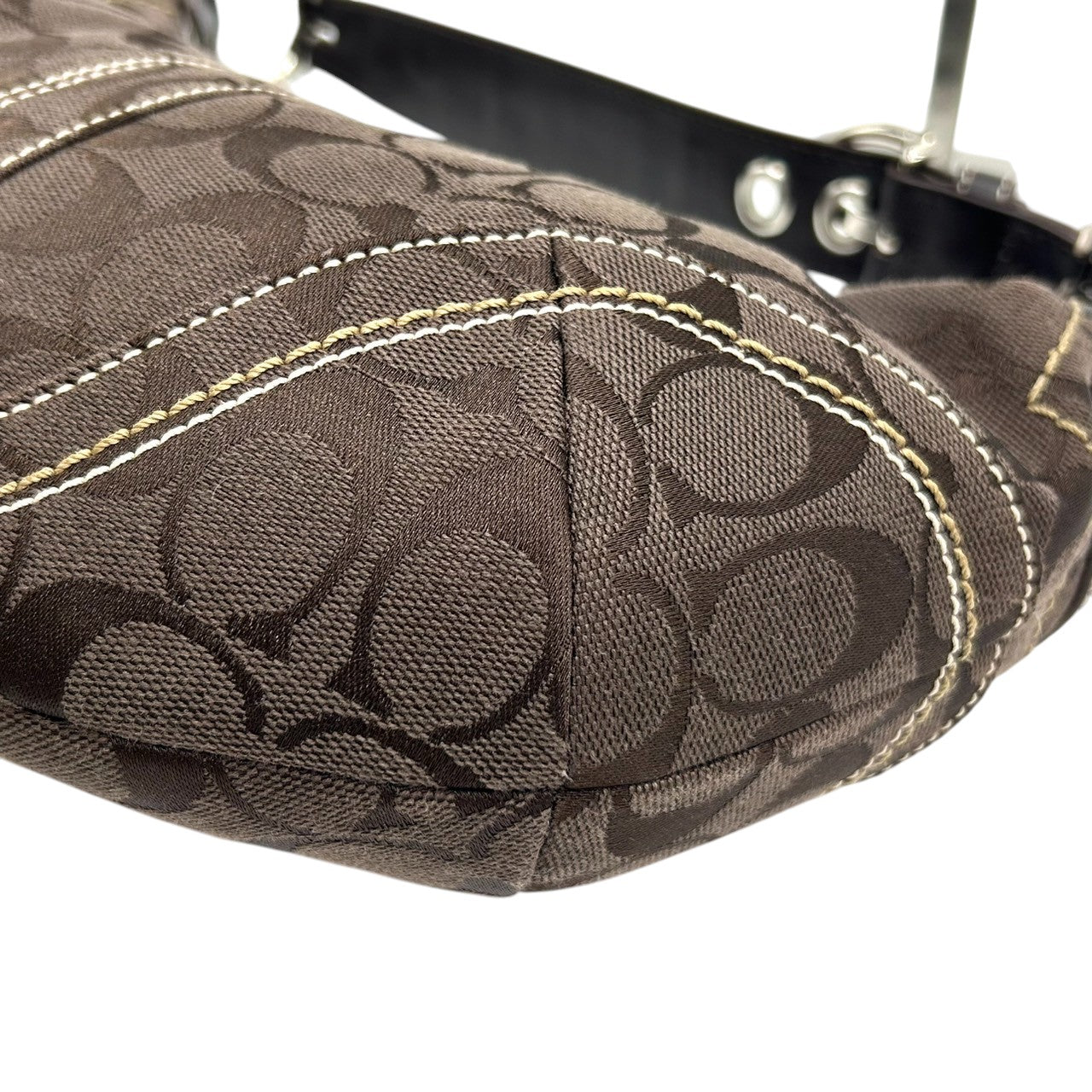 【美品】コーチ COACH ハンドバッグ 10073 シグネチャー ワンショルダーバッグ 肩掛け レディース キャンバス レザー ブラウン ダークブラウン ホワイトステッチ シグネチャー Y2K 00s vintage s2