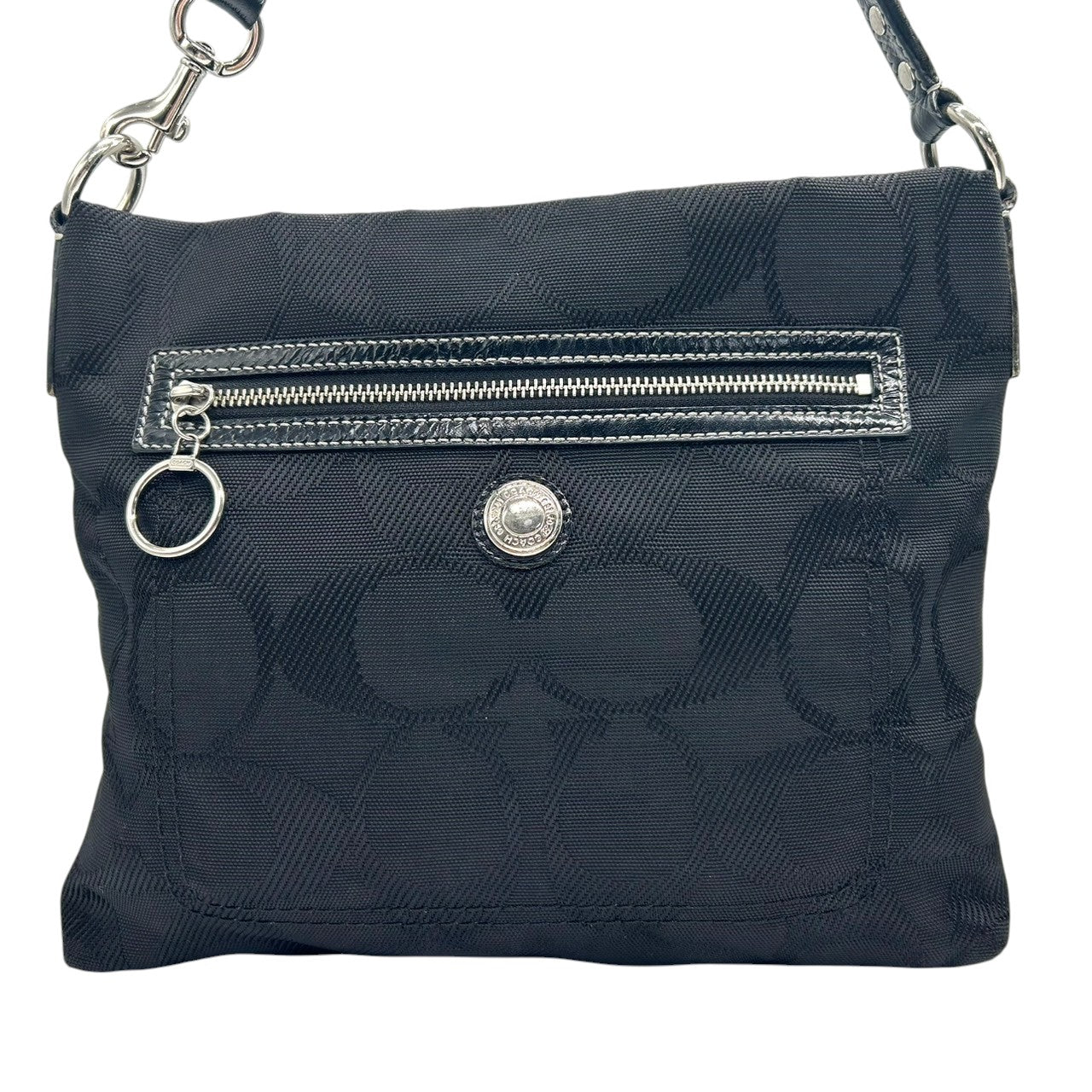 【美品】コーチ COACH オプアート ショルダーバッグ F14872 クロスボディバッグ 斜め掛け可 レディース メンズ ユニセックス キャンバス パテントレザー ブラック 軽量 スタイリッシュデザイン 通勤 通学 クリーニング済み s35