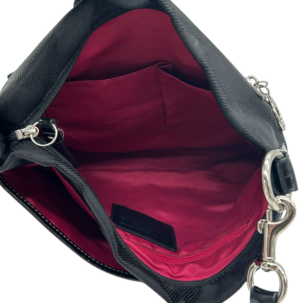 【美品】コーチ COACH オプアート ショルダーバッグ F14872 クロスボディバッグ 斜め掛け可 レディース メンズ ユニセックス キャンバス パテントレザー ブラック 軽量 スタイリッシュデザイン 通勤 通学 クリーニング済み s35