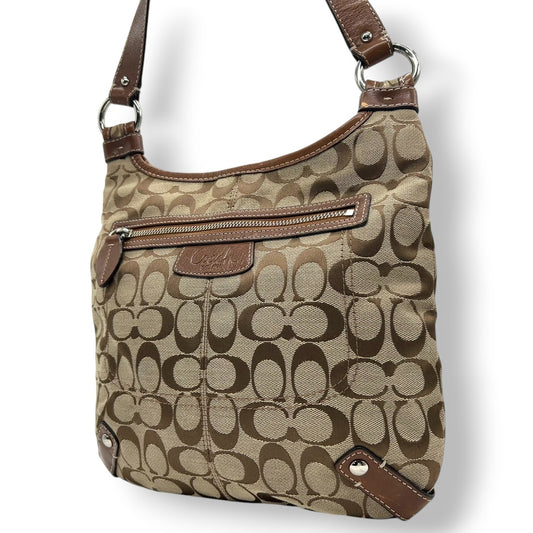 【美品】コーチ COACH シグネチャー ショルダーバッグ F14689 クロスボディバッグ 斜め掛け可 レディース キャンバス レザー ブラウン ベージュ 軽量 通勤 通学 クラシックデザイン エレガント クリーニング済み s64