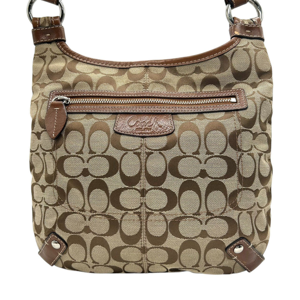 【美品】コーチ COACH シグネチャー ショルダーバッグ F14689 クロスボディバッグ 斜め掛け可 レディース キャンバス レザー ブラウン ベージュ 軽量 通勤 通学 クラシックデザイン エレガント クリーニング済み s64