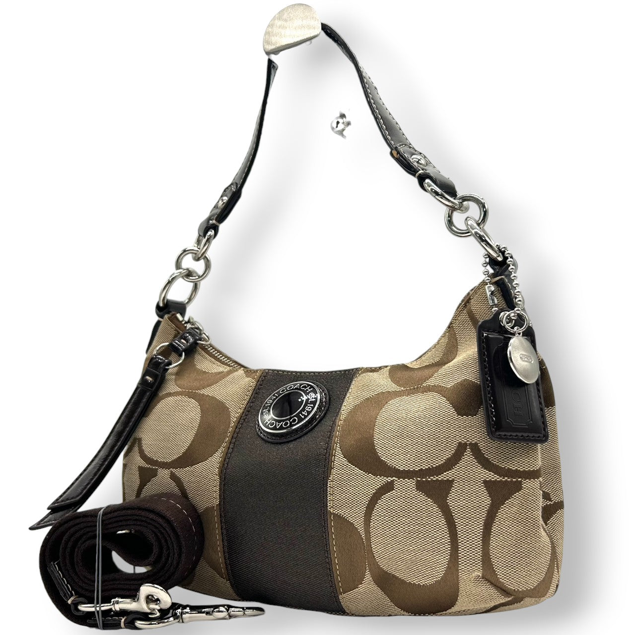 【極美品】コーチ COACH 2WAY ハンドバッグ F19218 ショルダーバッグ シグネチャー レディース キャンバス レザー ブラウン ベージュ ワンショルダー 斜め掛け可 クロスボディ ホーボーバッグ エレガント クリーニング済み s64