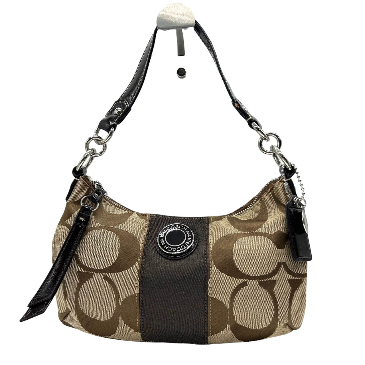 【極美品】コーチ COACH 2WAY ハンドバッグ F19218 ショルダーバッグ シグネチャー レディース キャンバス レザー ブラウン ベージュ ワンショルダー 斜め掛け可 クロスボディ ホーボーバッグ エレガント クリーニング済み s64