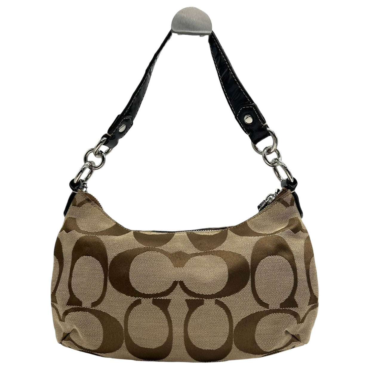 【極美品】コーチ COACH 2WAY ハンドバッグ F19218 ショルダーバッグ シグネチャー レディース キャンバス レザー ブラウン ベージュ ワンショルダー 斜め掛け可 クロスボディ ホーボーバッグ エレガント クリーニング済み s64