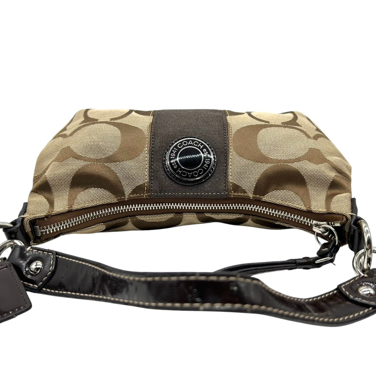 【極美品】コーチ COACH 2WAY ハンドバッグ F19218 ショルダーバッグ シグネチャー レディース キャンバス レザー ブラウン ベージュ ワンショルダー 斜め掛け可 クロスボディ ホーボーバッグ エレガント クリーニング済み s64