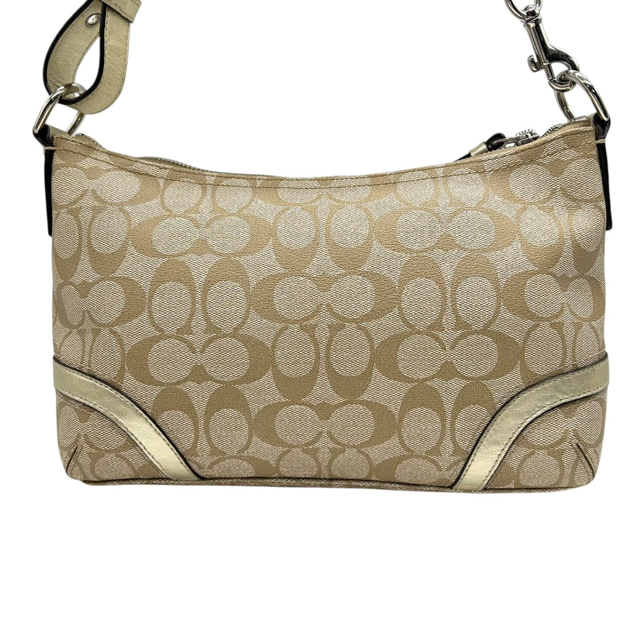 【美品】COACH コーチ シグネチャー 2WAY ショルダーバッグ F18879 ワンショルダー 斜め掛け可 PVC レザー ベージュ ゴールド レディース エレガント フェミニン 通勤 通学 デイリーユース 人気モデル クリーニング済み s64