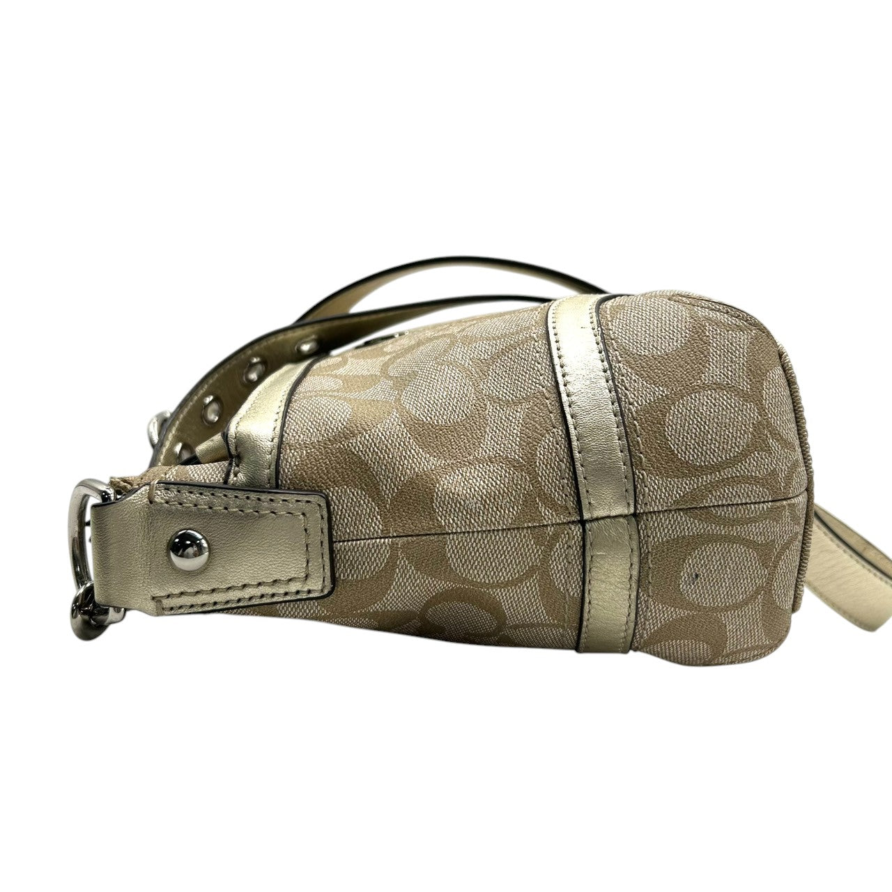 【美品】COACH コーチ シグネチャー 2WAY ショルダーバッグ F18879 ワンショルダー 斜め掛け可 PVC レザー ベージュ ゴールド レディース エレガント フェミニン 通勤 通学 デイリーユース 人気モデル クリーニング済み s64