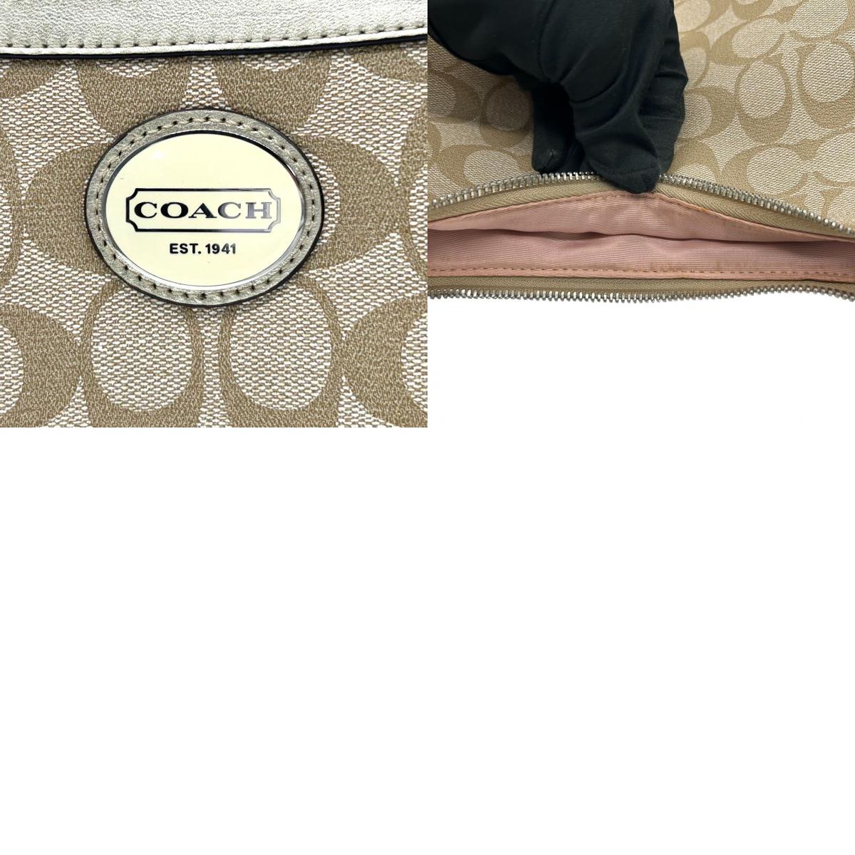 【美品】COACH コーチ シグネチャー 2WAY ショルダーバッグ F18879 ワンショルダー 斜め掛け可 PVC レザー ベージュ ゴールド レディース エレガント フェミニン 通勤 通学 デイリーユース 人気モデル クリーニング済み s64