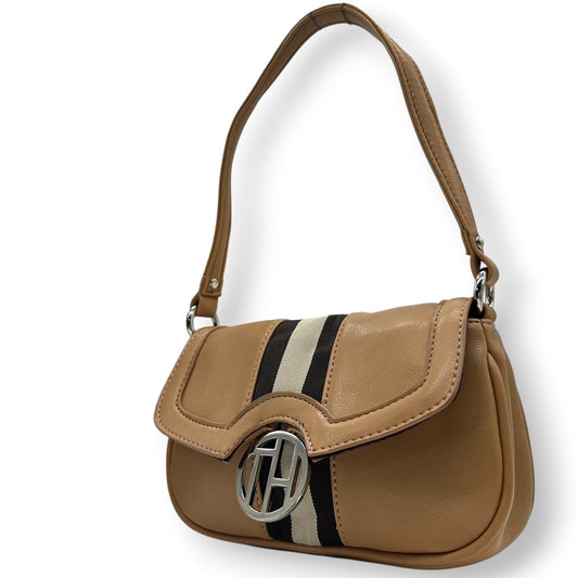 トミーヒルフィガー ハンドバッグ ワンショルダー 自立可 THロゴ Y2K 00s ストライプ レザー ベージュ キャメル レディース コンパクト ミニバッグ エレガント カジュアル お出かけ TOMMY HILFIGER 箱付き クリーニング済み R