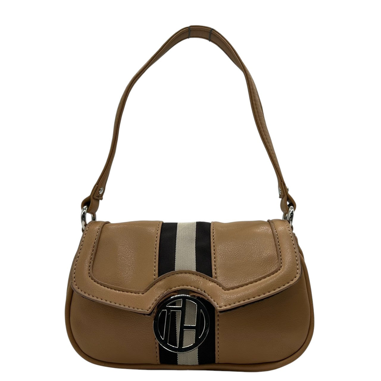 トミーヒルフィガー ハンドバッグ ワンショルダー 自立可 THロゴ Y2K 00s ストライプ レザー ベージュ キャメル レディース コンパクト ミニバッグ エレガント カジュアル お出かけ TOMMY HILFIGER 箱付き クリーニング済み R