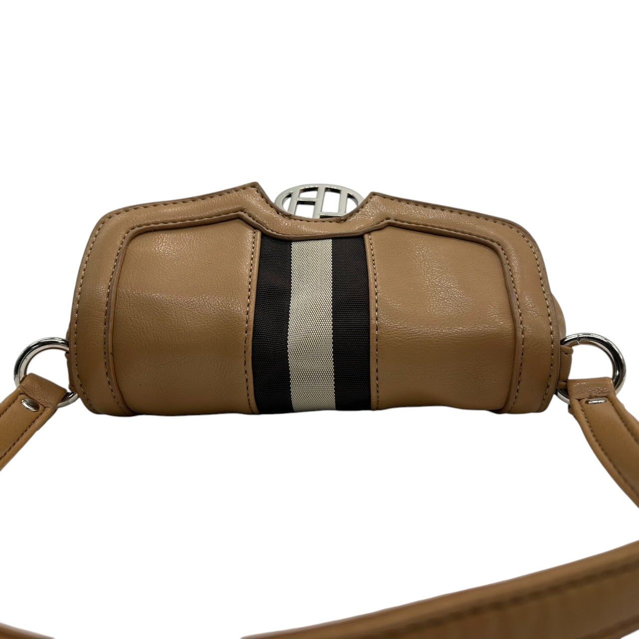 トミーヒルフィガー ハンドバッグ ワンショルダー 自立可 THロゴ Y2K 00s ストライプ レザー ベージュ キャメル レディース コンパクト ミニバッグ エレガント カジュアル お出かけ TOMMY HILFIGER 箱付き クリーニング済み R