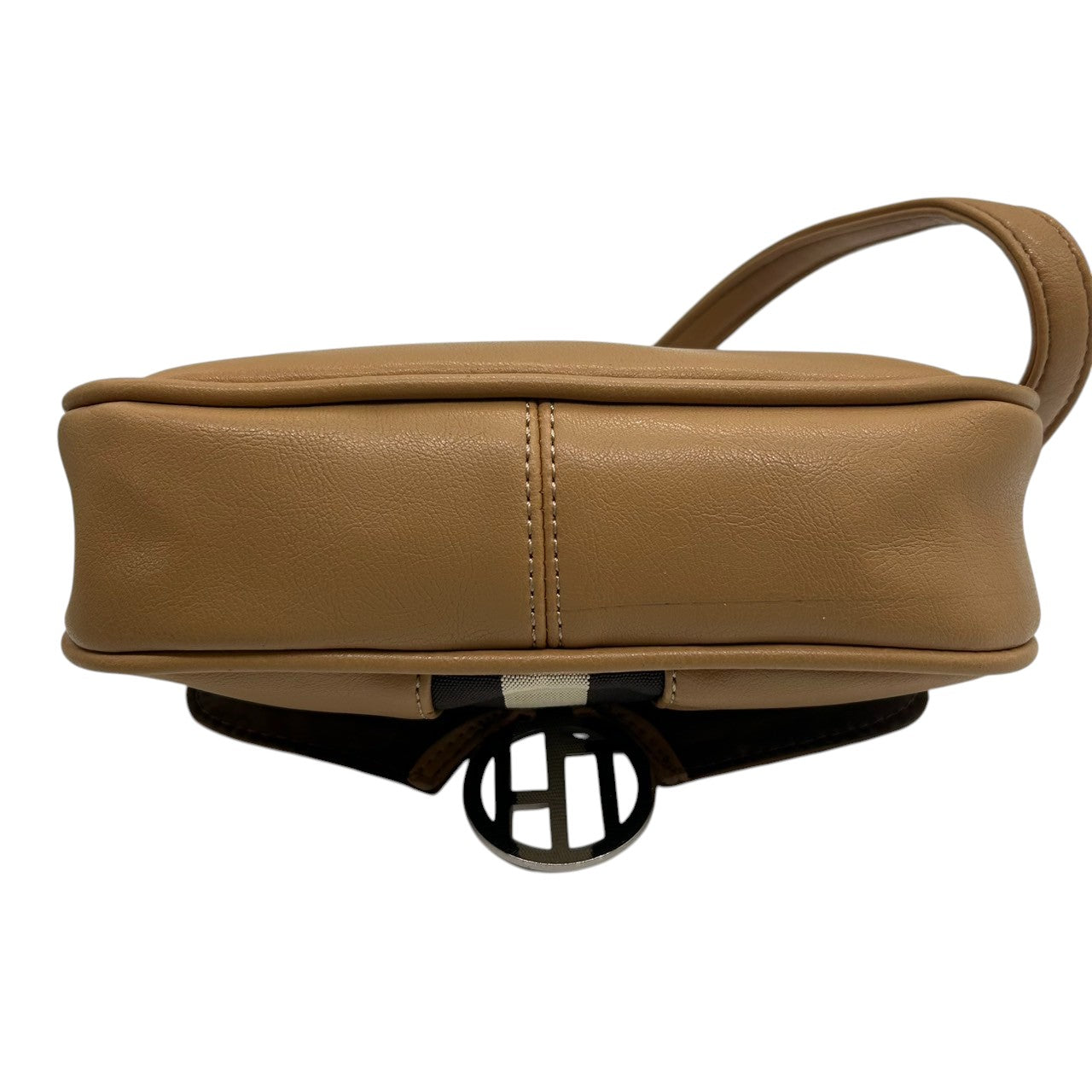 トミーヒルフィガー ハンドバッグ ワンショルダー 自立可 THロゴ Y2K 00s ストライプ レザー ベージュ キャメル レディース コンパクト ミニバッグ エレガント カジュアル お出かけ TOMMY HILFIGER 箱付き クリーニング済み R