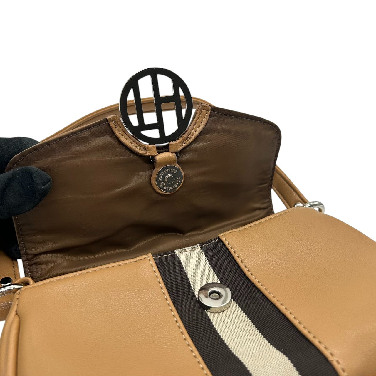 トミーヒルフィガー ハンドバッグ ワンショルダー 自立可 THロゴ Y2K 00s ストライプ レザー ベージュ キャメル レディース コンパクト ミニバッグ エレガント カジュアル お出かけ TOMMY HILFIGER 箱付き クリーニング済み R