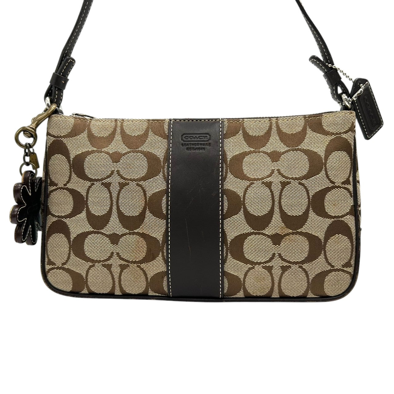 【COACH】コーチ ショルダーバッグ アクセサリーポーチ ポシェット 斜め掛け可 シグネチャー キャンバス レザー ブラウン ベージュ レディース コンパクト クラシックデザイン 人気モデル C6J-6338 フラワーチャーム付き クリーニング済み E8