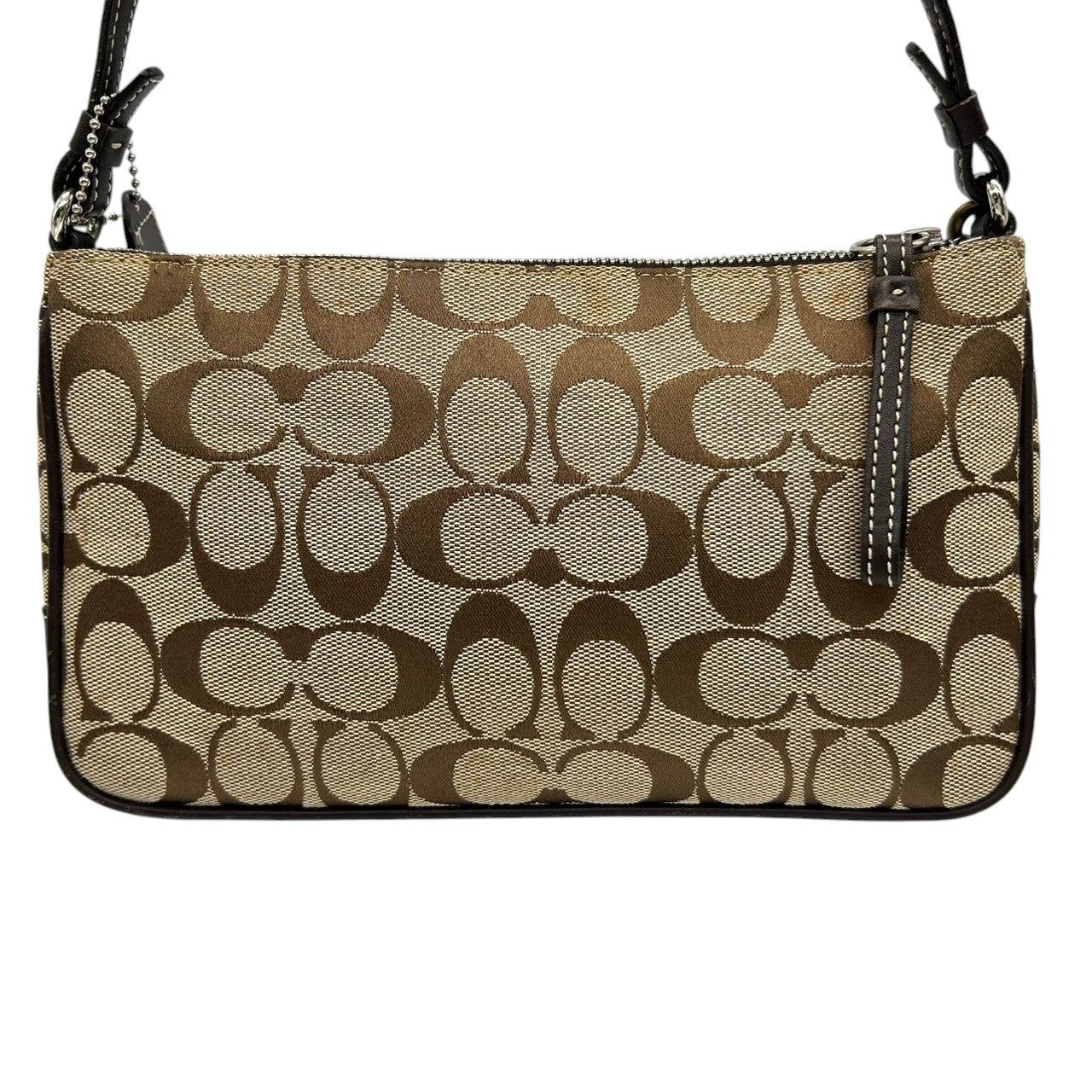 【COACH】コーチ ショルダーバッグ アクセサリーポーチ ポシェット 斜め掛け可 シグネチャー キャンバス レザー ブラウン ベージュ レディース コンパクト クラシックデザイン 人気モデル C6J-6338 フラワーチャーム付き クリーニング済み E8