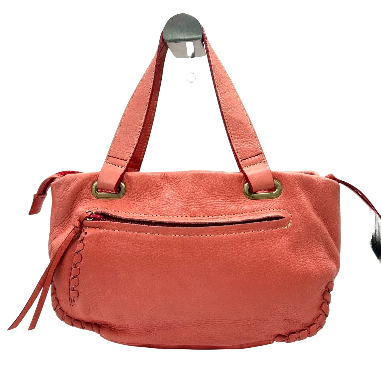 【美品】キタムラ Kitamura ハンドバッグ トートバッグ ワンショルダー Kロゴ 本革 レザー シボ革 ピンク コーラル系 ゴールド金具 レディース フェミニン エレガント 上品 お出かけ デイリーユース 人気モデル クリーニング済み s25