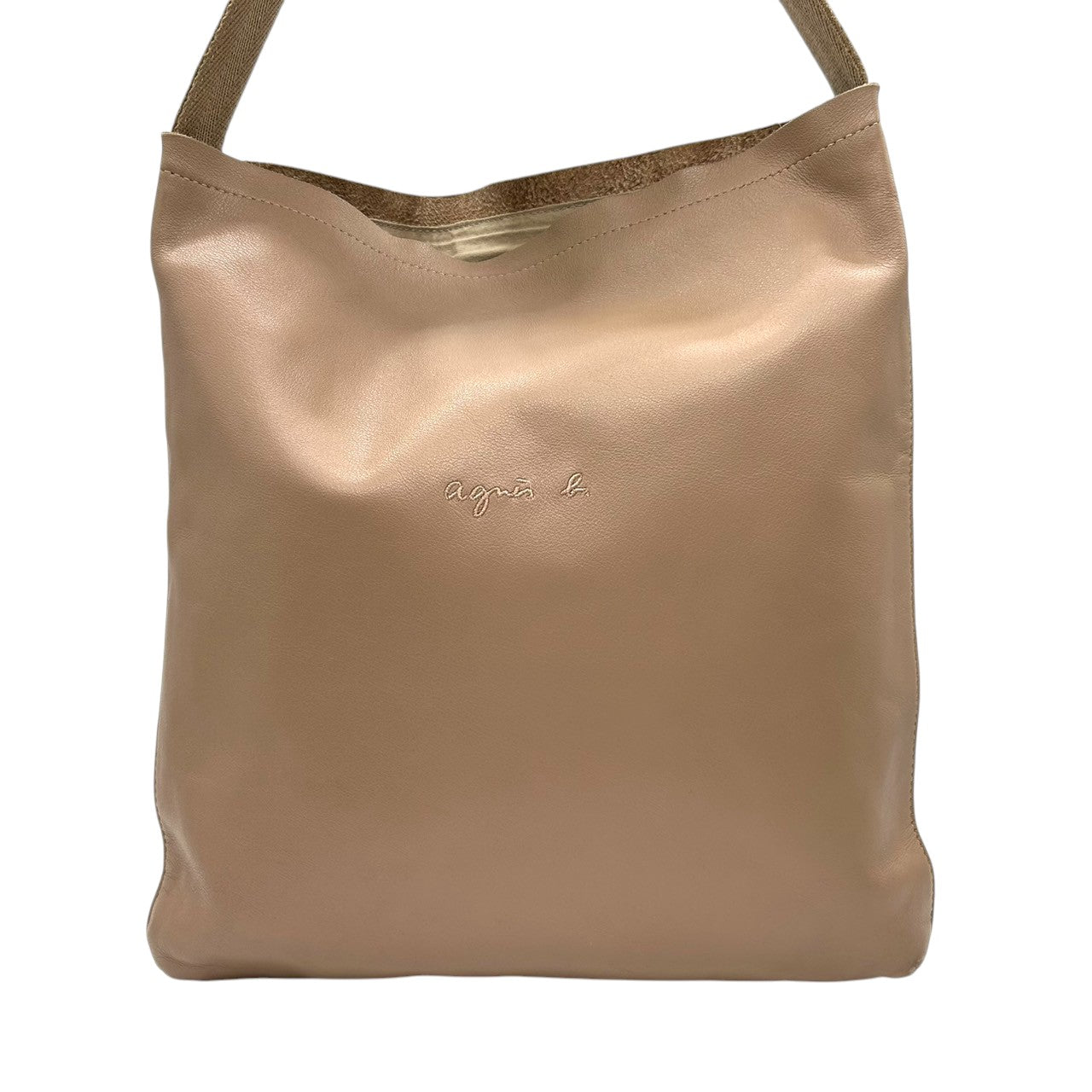 【agnes b.】アニエスベー ショルダーバッグ ワンショルダー 斜め掛け可 クロスボディ 本革 レザー ベージュ グレージュ系 ロゴ型押し レディース シンプル エレガント カジュアル 通勤通学 人気モデル クリーニング済み s67