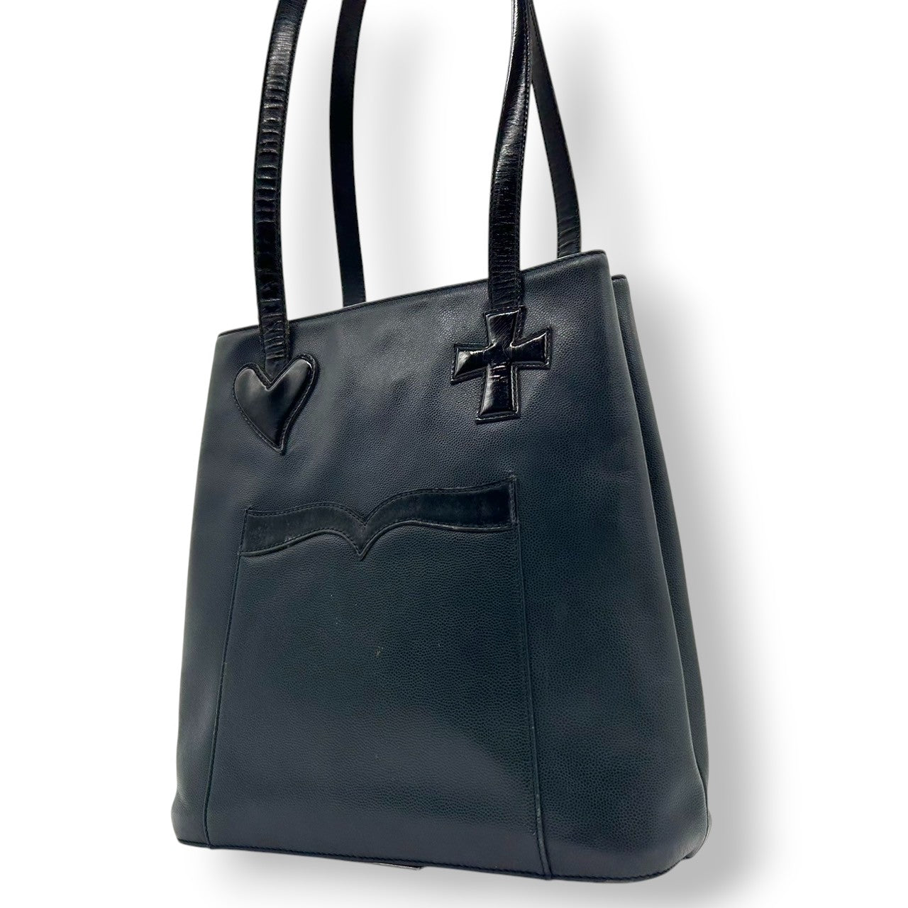 【Christian Lacroix】クリスチャンラクロワ ハンドバッグ トートバッグ ワンショルダー レザー 本革 ネイビー ブラック系 ハート クロスモチーフ エナメル切替 フランス製 レディース ヴィンテージ レア クリーニング済み s67