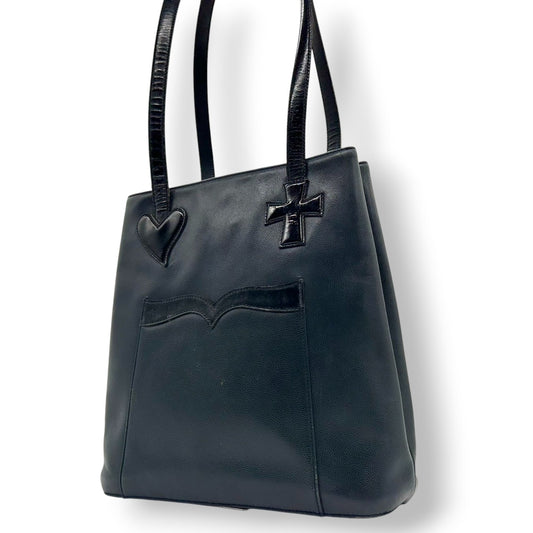 【Christian Lacroix】クリスチャンラクロワ ハンドバッグ トートバッグ ワンショルダー レザー 本革 ネイビー ブラック系 ハート クロスモチーフ エナメル切替 フランス製 レディース ヴィンテージ レア クリーニング済み s67