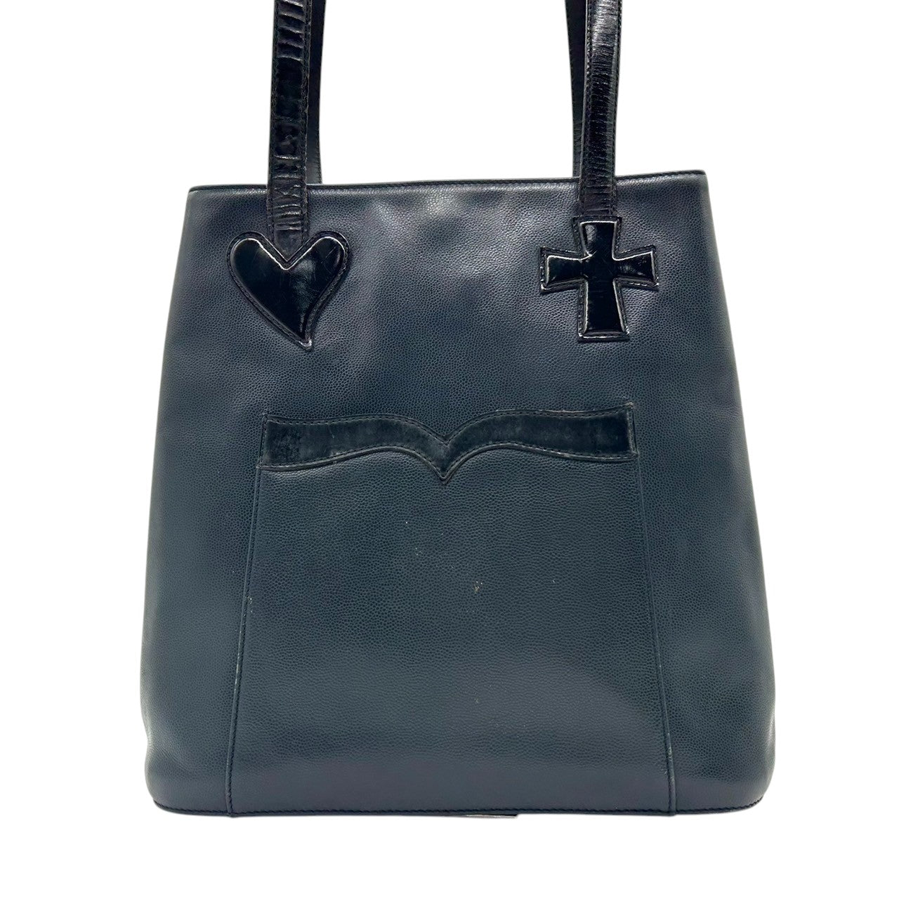 【Christian Lacroix】クリスチャンラクロワ ハンドバッグ トートバッグ ワンショルダー レザー 本革 ネイビー ブラック系 ハート クロスモチーフ エナメル切替 フランス製 レディース ヴィンテージ レア クリーニング済み s67