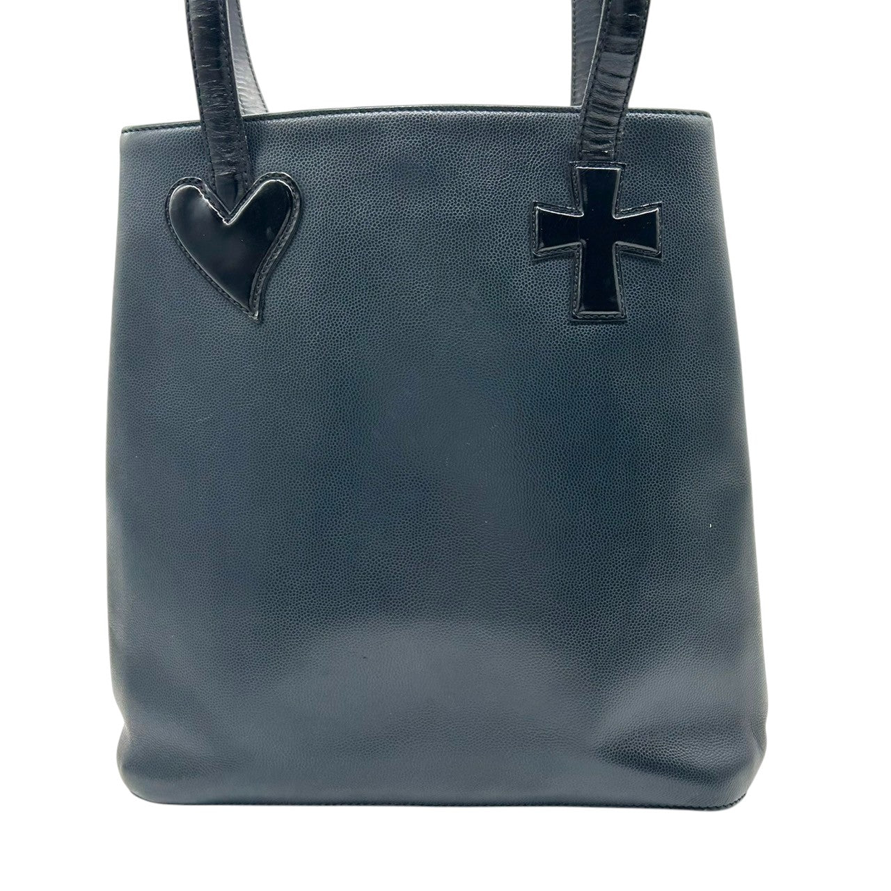 【Christian Lacroix】クリスチャンラクロワ ハンドバッグ トートバッグ ワンショルダー レザー 本革 ネイビー ブラック系 ハート クロスモチーフ エナメル切替 フランス製 レディース ヴィンテージ レア クリーニング済み s67