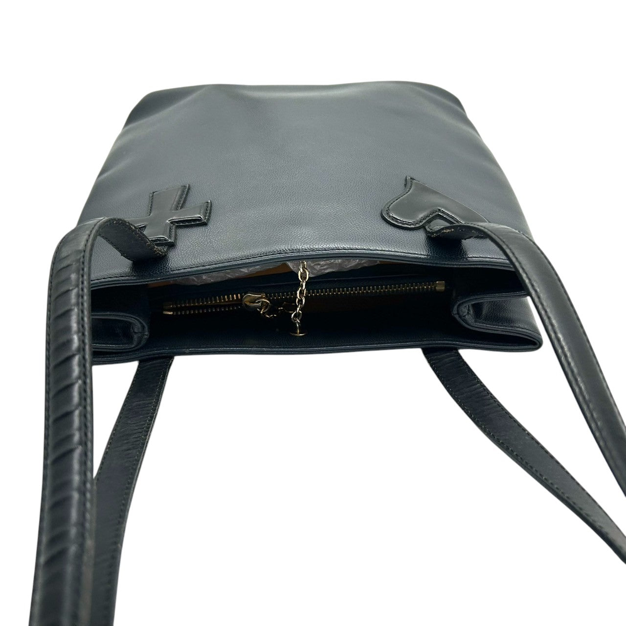 【Christian Lacroix】クリスチャンラクロワ ハンドバッグ トートバッグ ワンショルダー レザー 本革 ネイビー ブラック系 ハート クロスモチーフ エナメル切替 フランス製 レディース ヴィンテージ レア クリーニング済み s67