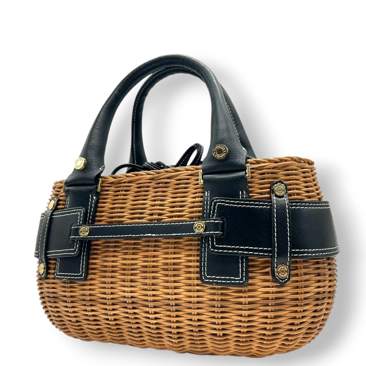 【Samantha Thavasa】サマンサタバサ かごバッグ ハンドバッグ バスケット ストロー ラタン レザー切替 ブラック ブラウン ゴールド金具 巾着タイプ ドット柄ライナー レディース 夏 サマーバッグ カジュアル 可愛い クリーニング済み J