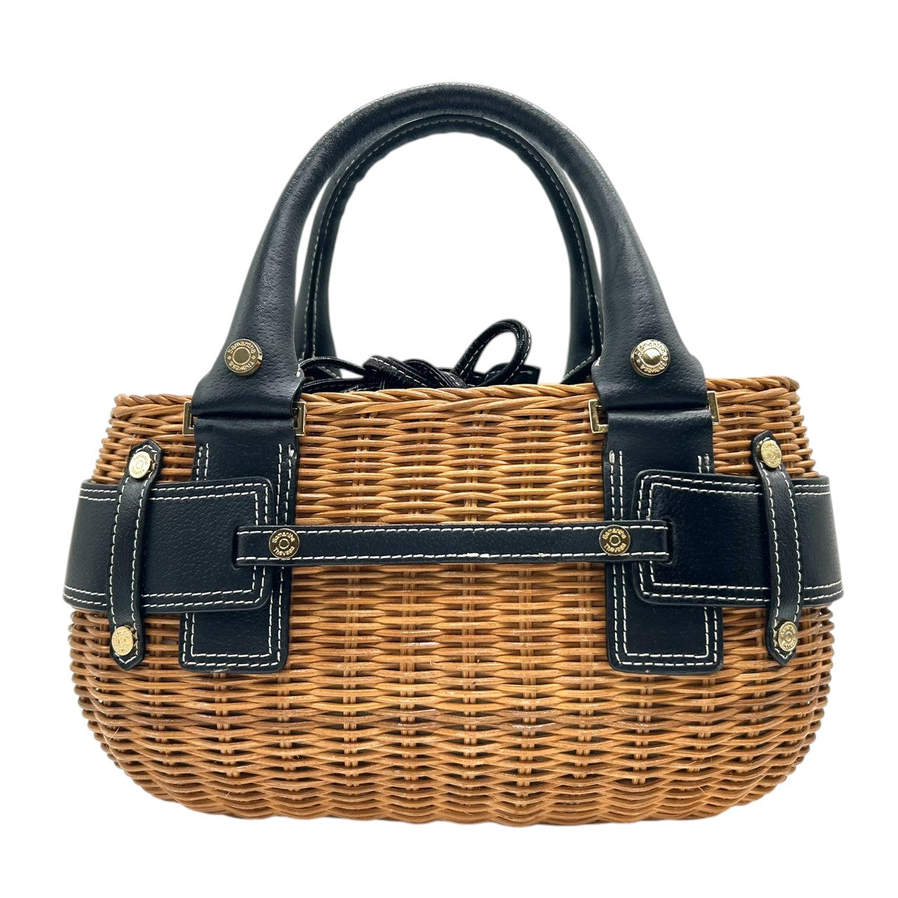 【Samantha Thavasa】サマンサタバサ かごバッグ ハンドバッグ バスケット ストロー ラタン レザー切替 ブラック ブラウン ゴールド金具 巾着タイプ ドット柄ライナー レディース 夏 サマーバッグ カジュアル 可愛い クリーニング済み J