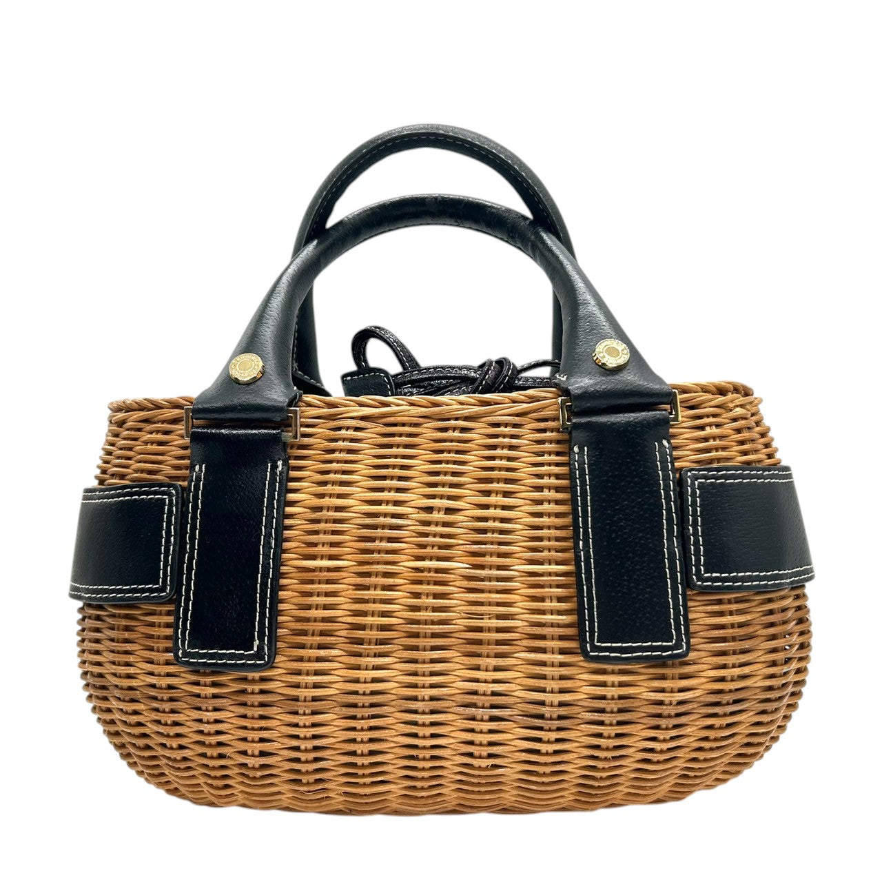 【Samantha Thavasa】サマンサタバサ かごバッグ ハンドバッグ バスケット ストロー ラタン レザー切替 ブラック ブラウン ゴールド金具 巾着タイプ ドット柄ライナー レディース 夏 サマーバッグ カジュアル 可愛い クリーニング済み J