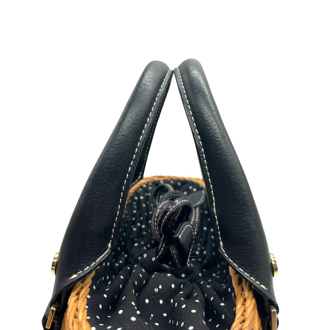 【Samantha Thavasa】サマンサタバサ かごバッグ ハンドバッグ バスケット ストロー ラタン レザー切替 ブラック ブラウン ゴールド金具 巾着タイプ ドット柄ライナー レディース 夏 サマーバッグ カジュアル 可愛い クリーニング済み J