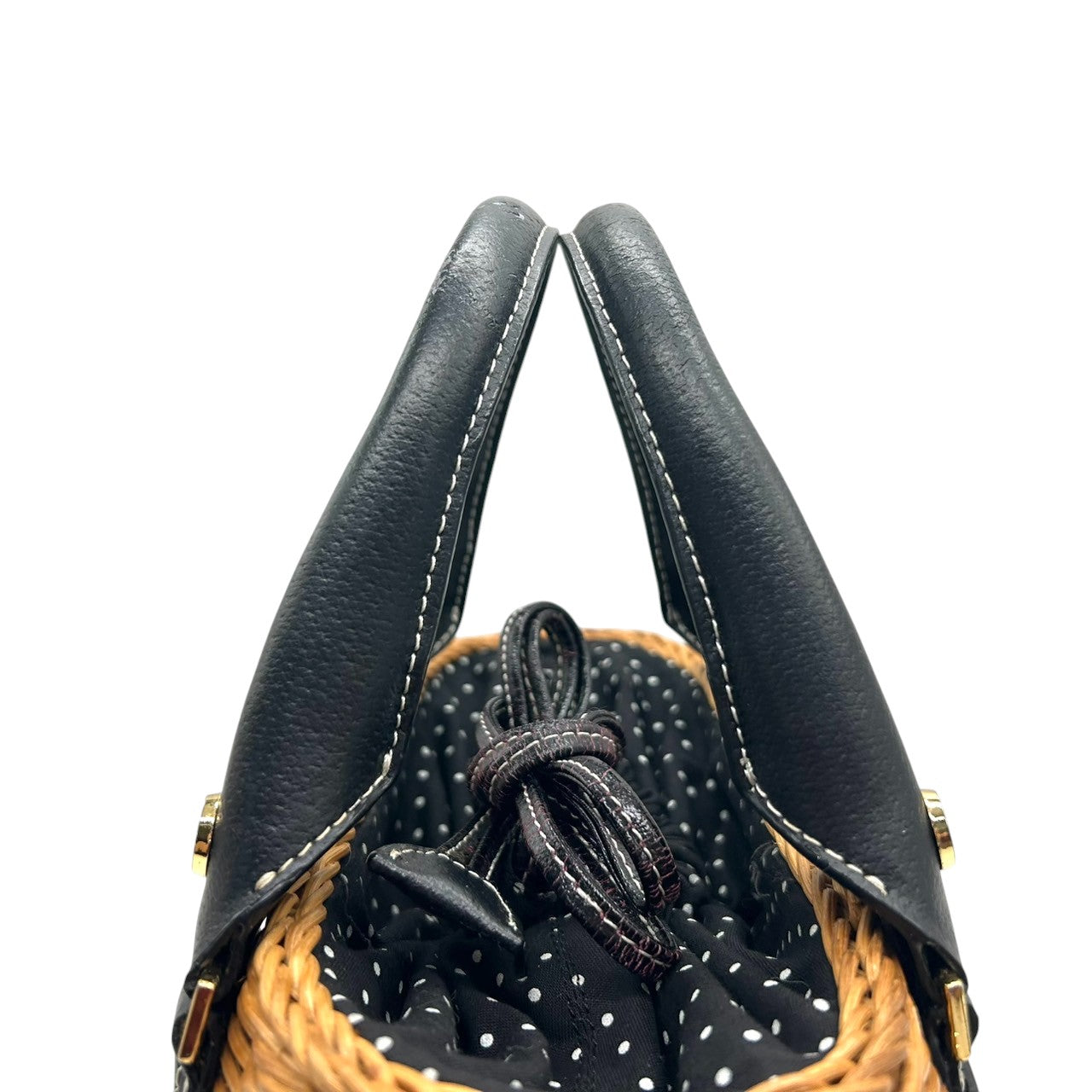 【Samantha Thavasa】サマンサタバサ かごバッグ ハンドバッグ バスケット ストロー ラタン レザー切替 ブラック ブラウン ゴールド金具 巾着タイプ ドット柄ライナー レディース 夏 サマーバッグ カジュアル 可愛い クリーニング済み J