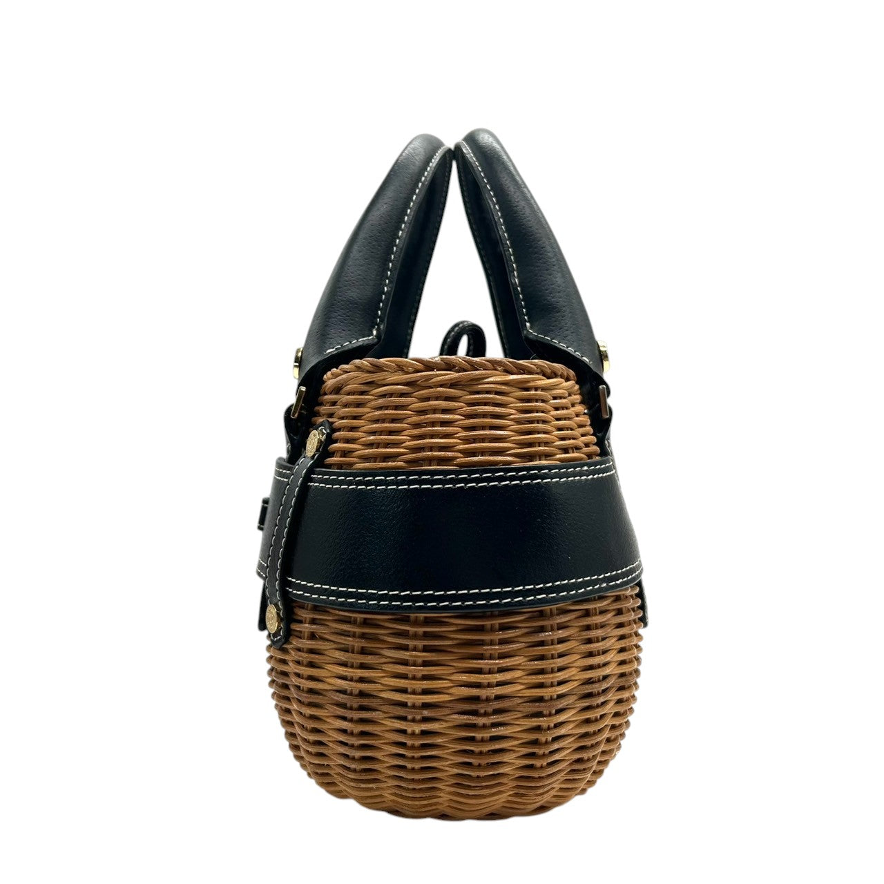 【Samantha Thavasa】サマンサタバサ かごバッグ ハンドバッグ バスケット ストロー ラタン レザー切替 ブラック ブラウン ゴールド金具 巾着タイプ ドット柄ライナー レディース 夏 サマーバッグ カジュアル 可愛い クリーニング済み J