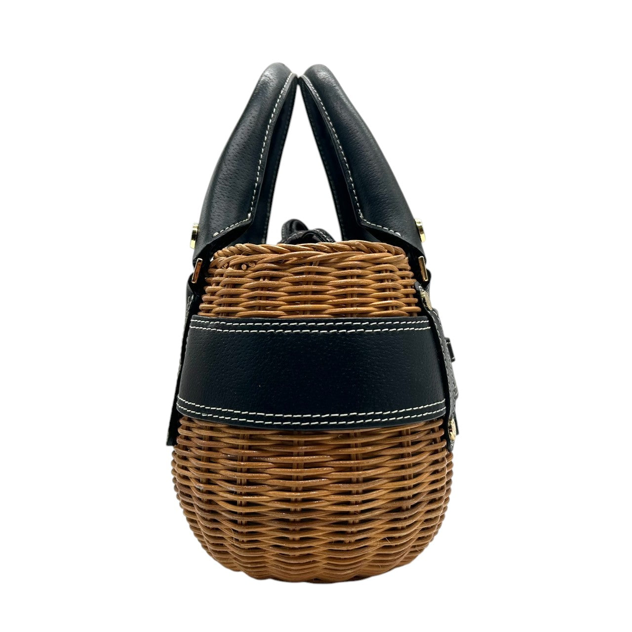 【Samantha Thavasa】サマンサタバサ かごバッグ ハンドバッグ バスケット ストロー ラタン レザー切替 ブラック ブラウン ゴールド金具 巾着タイプ ドット柄ライナー レディース 夏 サマーバッグ カジュアル 可愛い クリーニング済み J