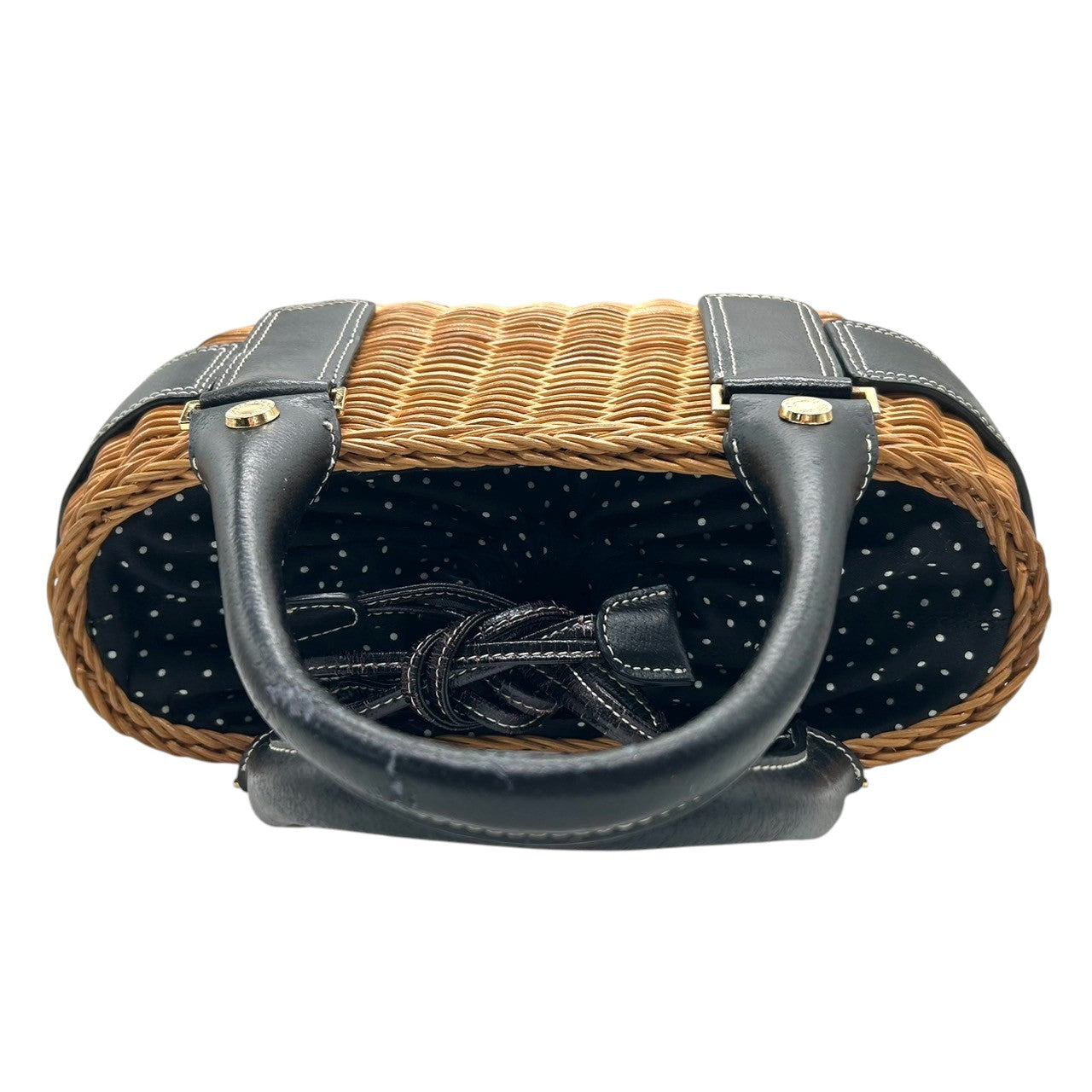 【Samantha Thavasa】サマンサタバサ かごバッグ ハンドバッグ バスケット ストロー ラタン レザー切替 ブラック ブラウン ゴールド金具 巾着タイプ ドット柄ライナー レディース 夏 サマーバッグ カジュアル 可愛い クリーニング済み J